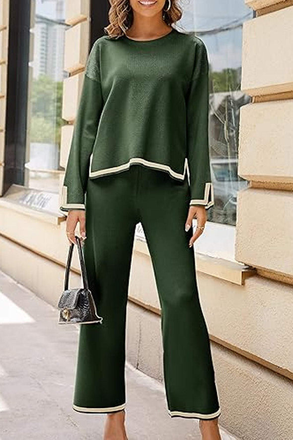 Women's Casual Long Sleeve Knit Top Wide Leg Pants Two-Piece Outfit