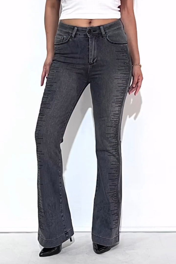 Women's Casual Fashion Irregular Side Rhinestone Bootcut Jeans