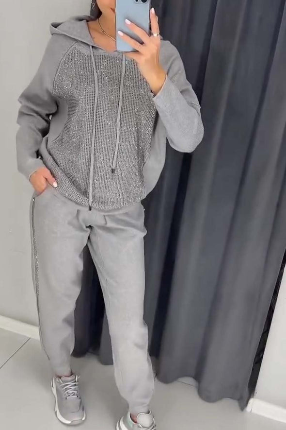 Women's casual diamond embellished hooded track suit