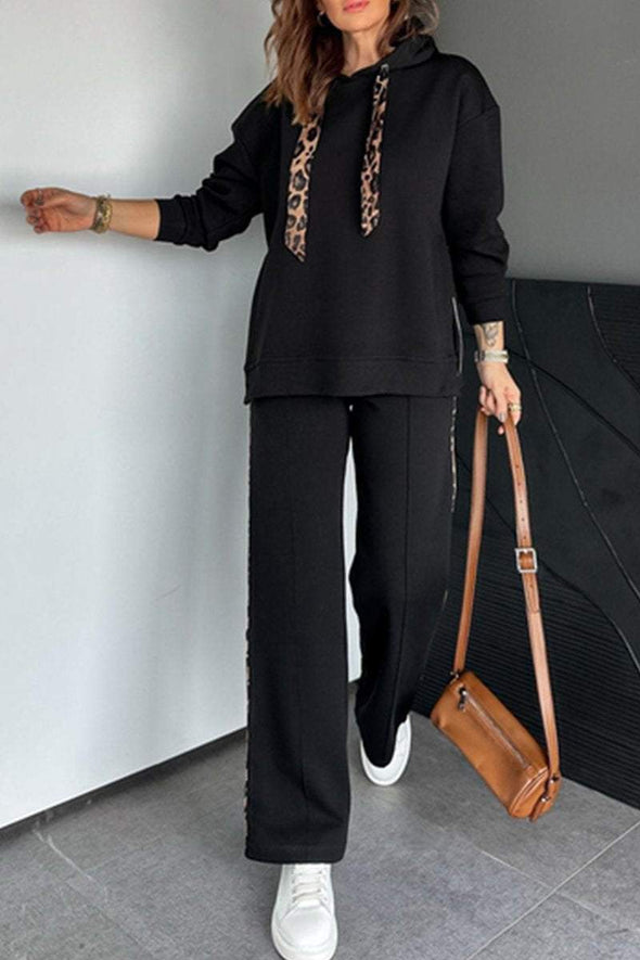 Women's Hooded Leopard Print Contrasting Slit Casual Suit