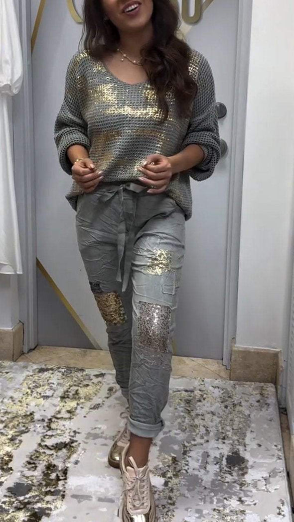 Women's V-neck Silver-stamped Knitted Top + Sequined Trousers Casual Suit