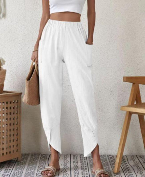 Solid color casual leg pants loose pocket cotton and linen leg pants