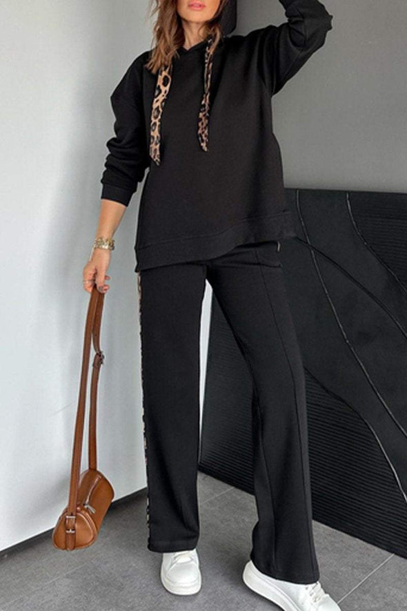 Women's Hooded Leopard Print Contrasting Slit Casual Suit