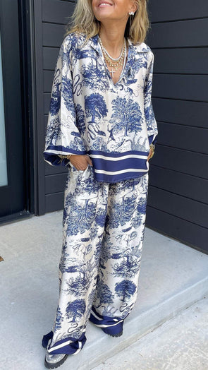 V-neck Printed Long-sleeved Casual Suit