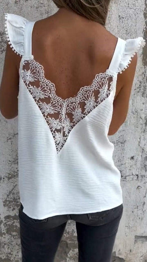 Women's V-neck Flying Sleeve Lace Splicing Casual Vest