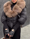 Women's Fashionable Short Cotton Coat with Fur Patchwork Sleeves