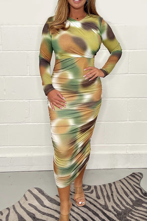 Printed Long Sleeve Ruched Bodycon Midi Dress