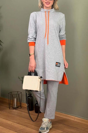 Women's Casual Contrast Long Slit Sweatshirt and Pants Set