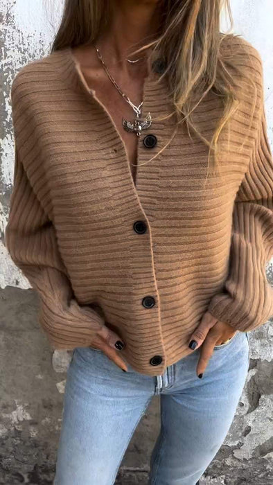 Women's Round Neck Knitted Long Sleeve Ribbed Casual Top