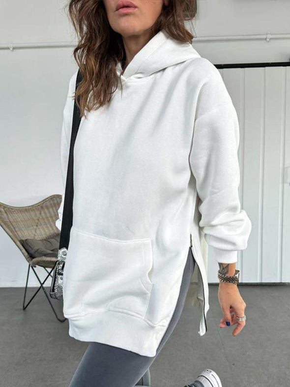 Women's Solid Color Hooded Casual Sweatshirt with Side Zipper