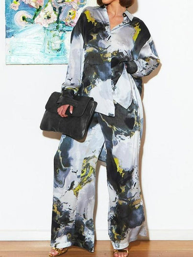 Women's Lapel Ink Printed Two-piece Suit