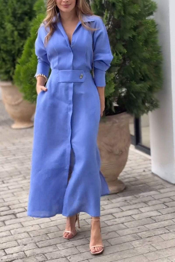 Women's Lapel Long Sleeve Casual Cotton and Linen Dress