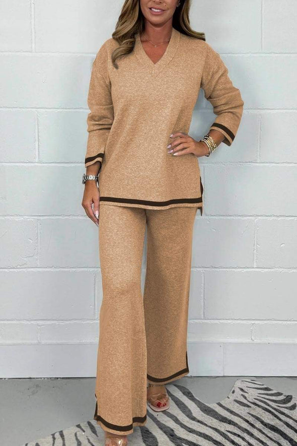 Women's V-Neck Soft Knit Border Edge Trouser Co-Ord