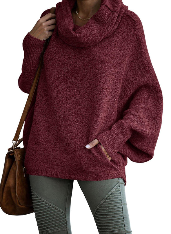 Women's Cowl NeckBatwing Sleeve Pullover Sweater with Pockets