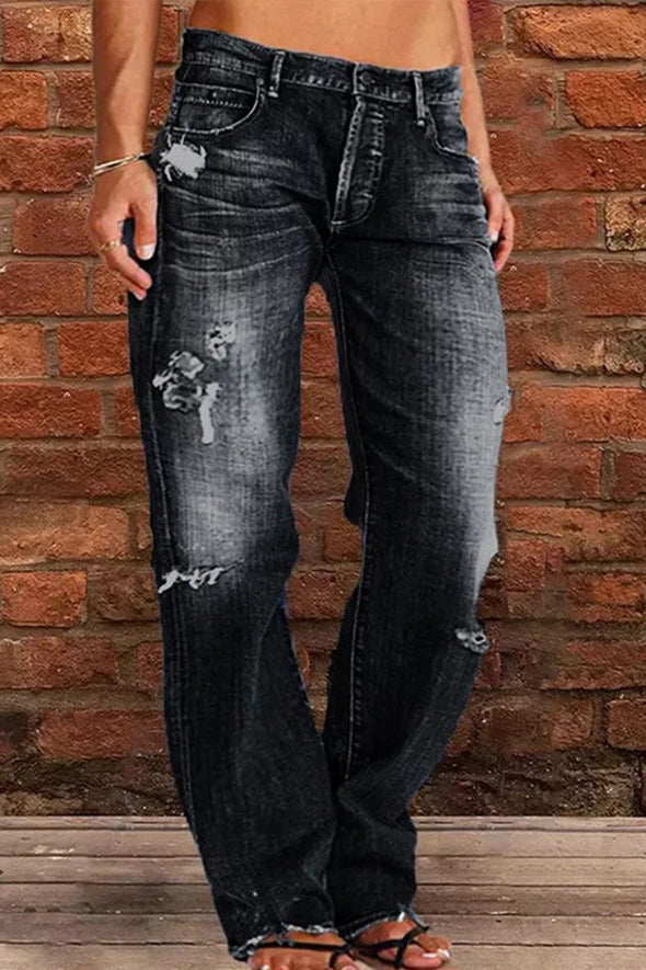 Women's Mid-rise Ripped Casual Straight Pants