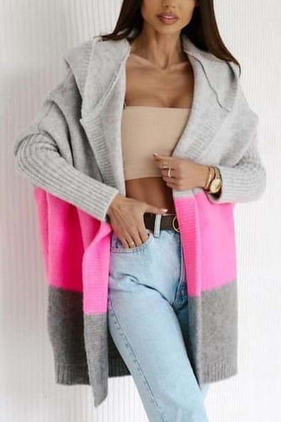 Women's Casual Contrast Color Hooded Sweater Cardigan