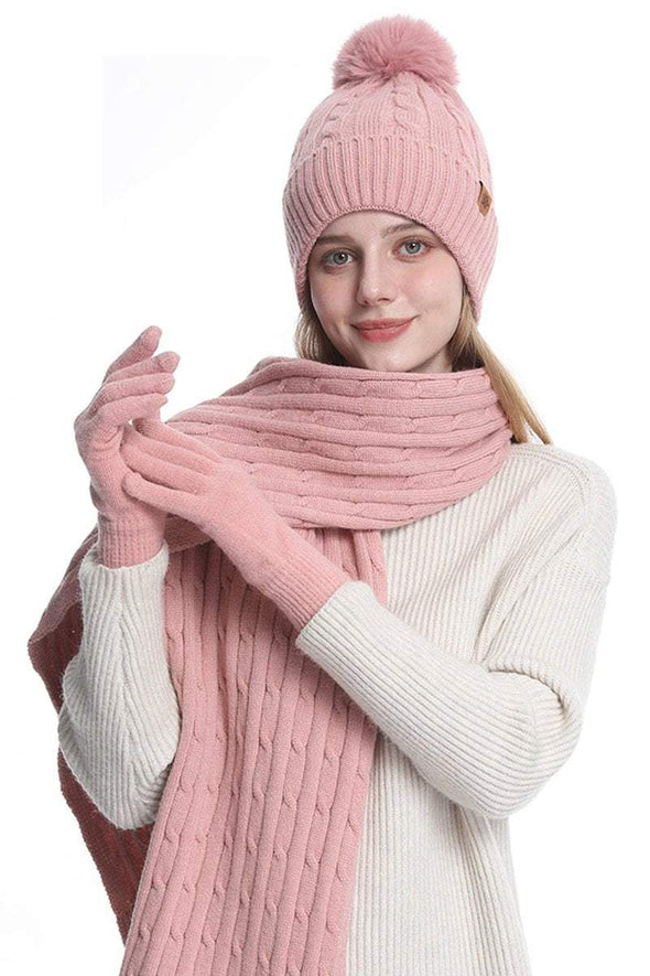 Knitted Hat, Double-layer Fleece Warm Wool Scarf, Gloves, Three-piece Set