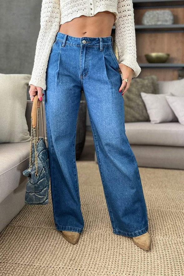 Women's Casual Floor-length Straight Denim Wide-leg Pants