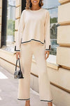 Women's Casual Long Sleeve Knit Top Wide Leg Pants Two-Piece Outfit