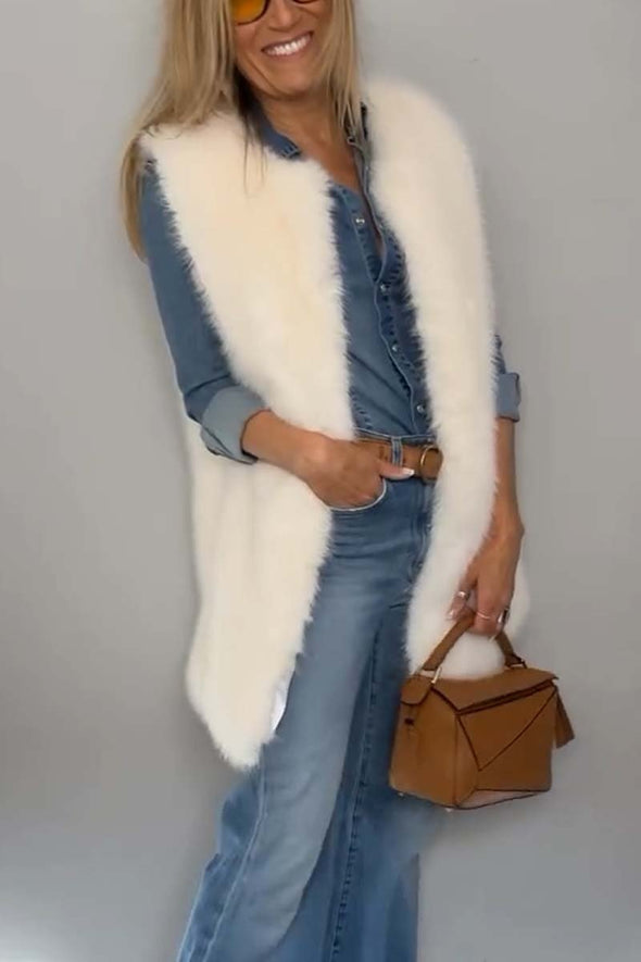 Women's Fashion Solid Color Faux Fur Sleeveless Winter Coat