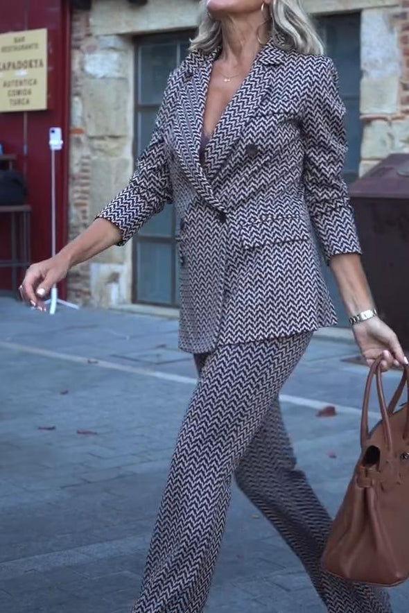 Women's Casual Herringbone Double-breasted Lapel Two-piece Suit