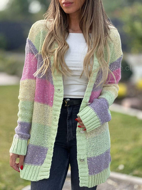 Women's Casual Contrast Color Striped Knitted Cardigan