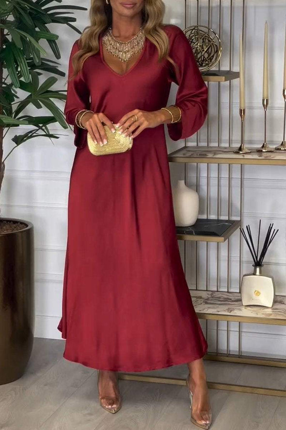 Women's V-neck Long-sleeved Satin Dress