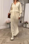 Women's Casual Solid Color POLO Neck Knit Top Straight Side Slit Skirt Two-piece Set