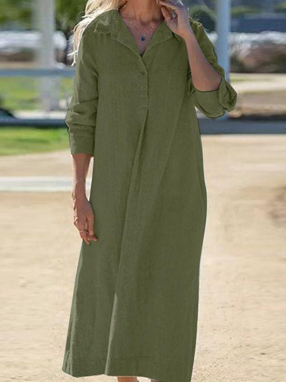 Women's Cotton Lapel Long Sleeve Long Shirt Dress