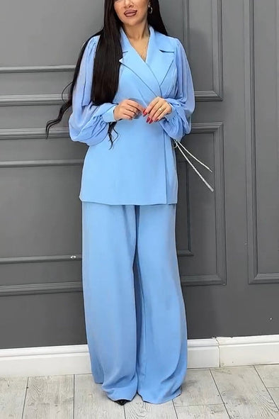 Women's Casual Lapel Chiffon Puff Sleeve Stitching Two-piece Suit