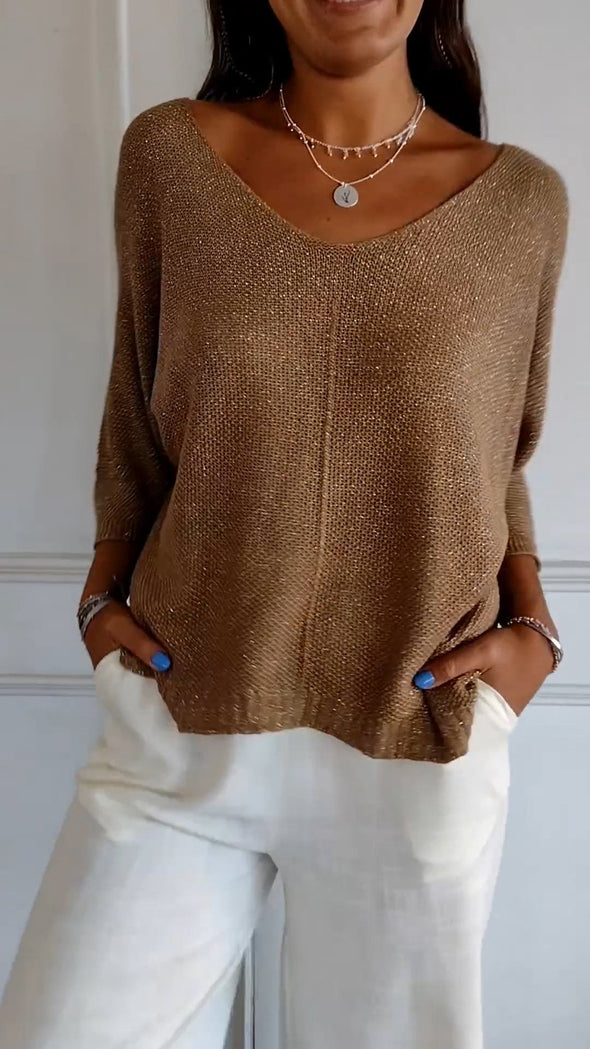 V-neck Mid-sleeve Knitted Comfort Top