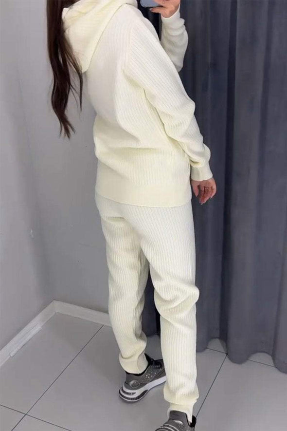 Women's Solid Color Knitted Hoodies and Trousers Set