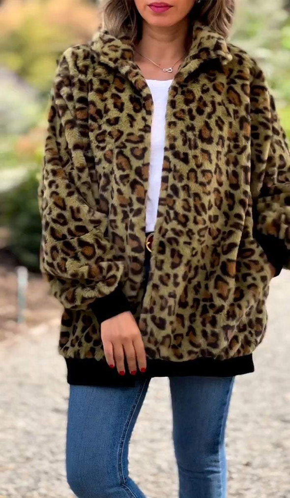 Women's Lapel Zipper Leopard Print Jacket