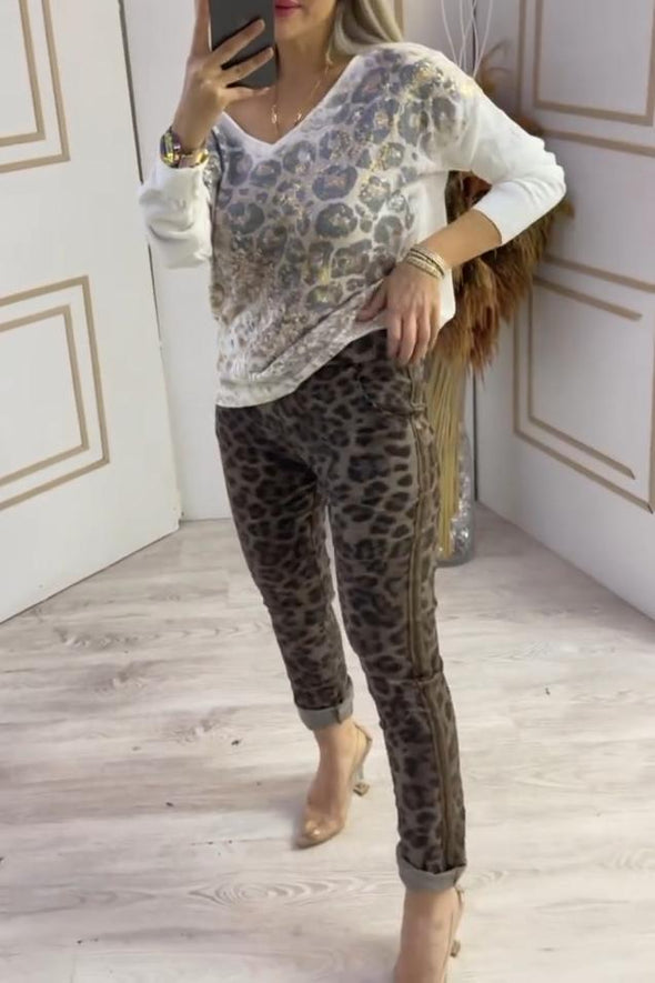 Women's Casual V-neck Leopard Print Gold-stamped Top and Elastic Leopard Print Slim Pants Two-piece Set