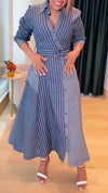 Women's Lapel Striped Patchwork Button Tie Dress