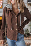 Women's Lapel Button Cardigan Pocket Hood Drawstring Striped Jacket