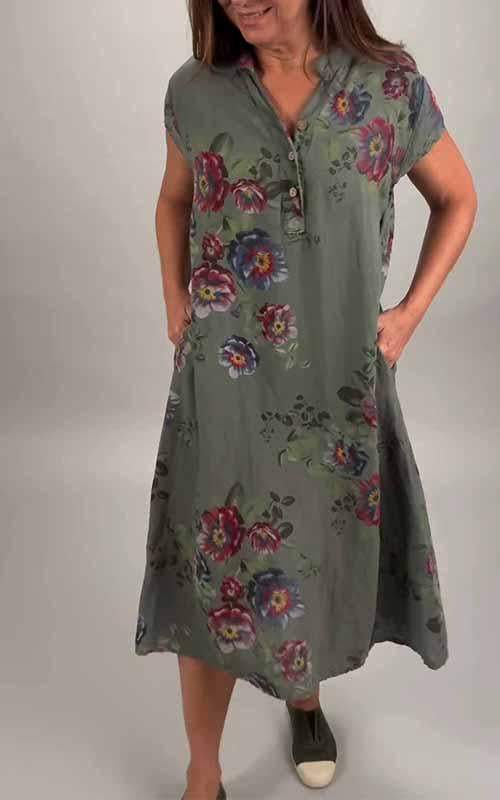 Women's V-neck Printed Cotton and Linen Dress