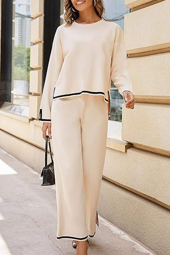 Women's Casual Long Sleeve Knit Top Wide Leg Pants Two-Piece Outfit