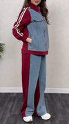 Women's Round Neck Zipper Denim Patchwork Casual Suit