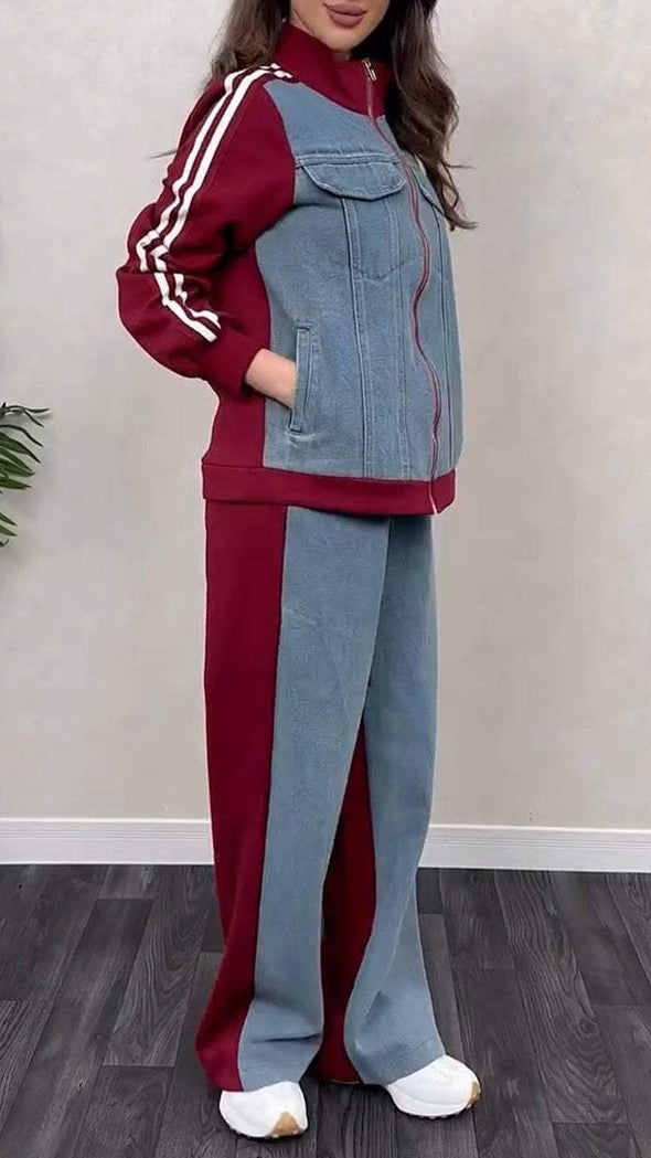 Women's Round Neck Zipper Denim Patchwork Casual Suit