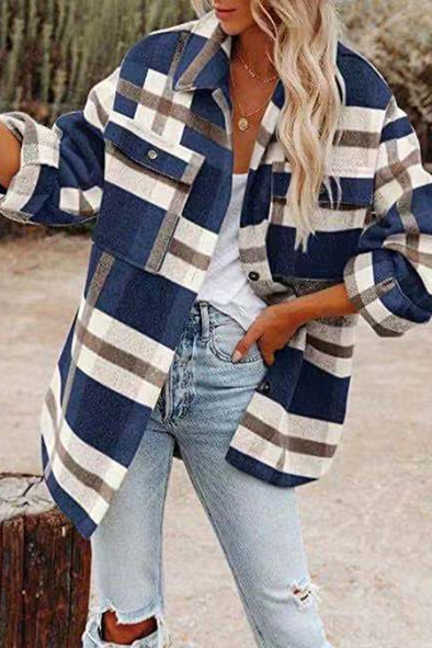 Women's Fashion Lapel Loose Plaid Wool Coat