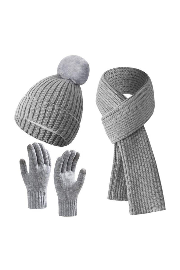 Knitted Hat, Double-layer Fleece Warm Wool Scarf, Gloves, Three-piece Set