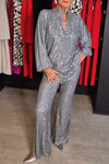 Women's Spring and Fall V-neck Top and Pants Sequined Suit