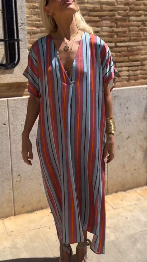 Women's V-neck Mid-sleeve Striped Dress