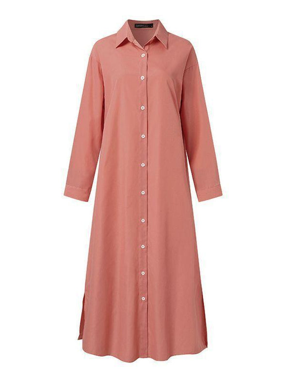 Women's Lapel Long-sleeved Cardigan Cotton and linen Dress