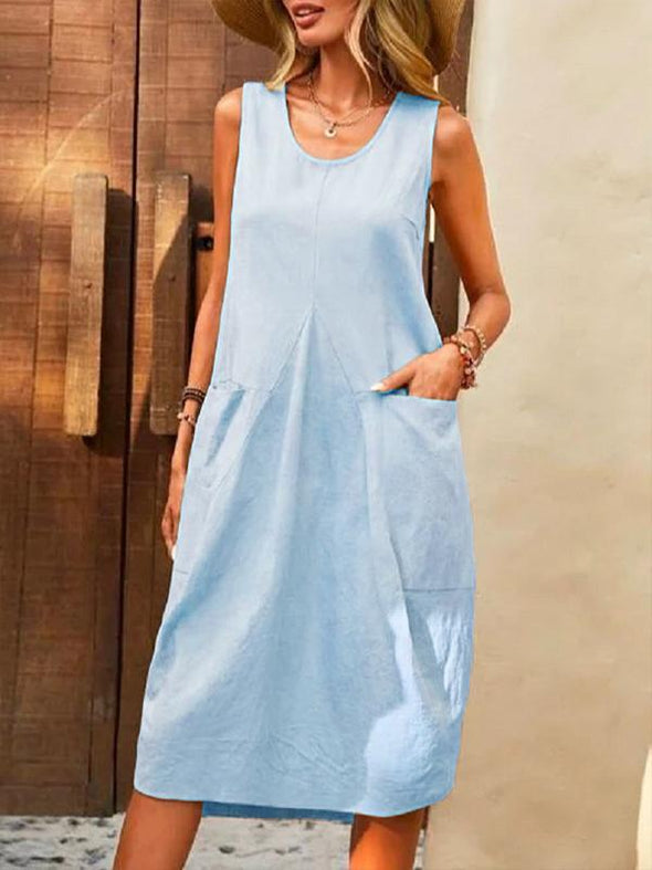 Women's Sleeveless Solid Color Loose U-neck Dress Cotton Linen