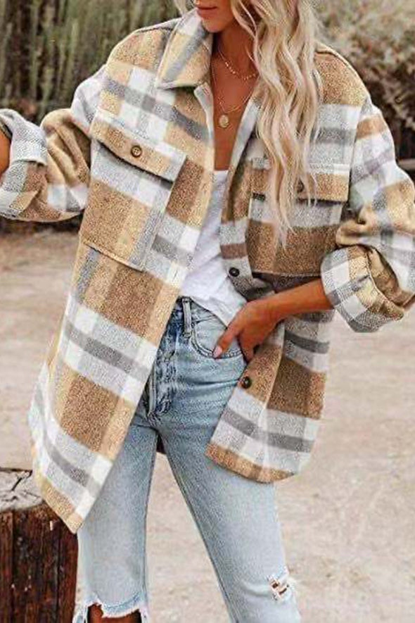 Women's Fashion Lapel Loose Plaid Wool Coat