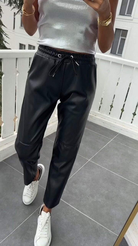 Women's Drawstring Casual Stitching Leather Pants