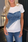 Women's Fashion Round Neck Denim Stitching Fake Two-Piece T-Shirt