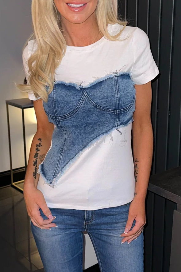 Women's Fashion Round Neck Denim Stitching Fake Two-Piece T-Shirt